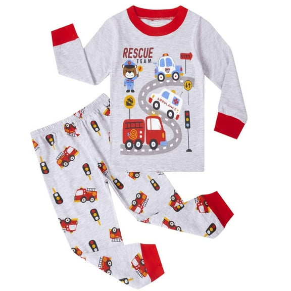 Gothletic Little Boys Pajamas Rescue Team Truck Print Toddler 100% Cotton 2 Piece Long Sleeve Sleepwear Kids Casual Clothes Set 3T/6600