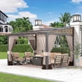 thumbnail image 1 of Gotland 10' × 12' Hardtop Gazebo for Patio,Wall-Mounted Lean to Gazebo Pergola with Sloping Roof and Durable Aluminum Frame,Large Heavy Duty Awnings for Decks,Backyard,Sand, 1 of 9