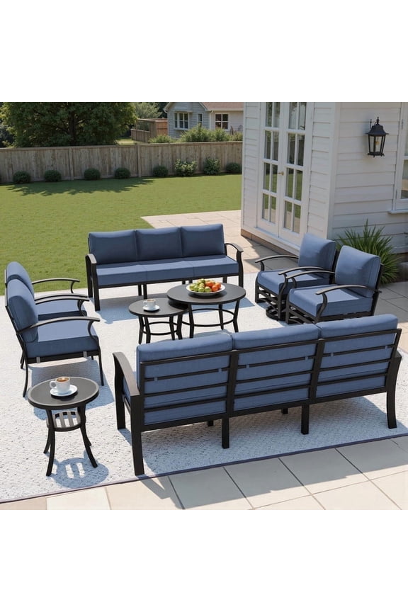 10 Piece Aluminum Patio Furniture Set,Modern Metal Outdoor Patio Furniture w/5.1'' Thick Cushion,Swivel Chairs and Round Coffee Table,Patio Conversation Sets for Porch,Deck,NavyBlue