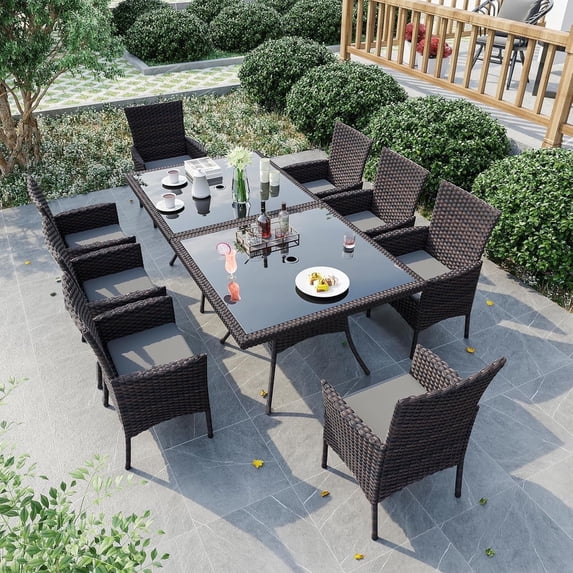 Gotland 10-Piece Indoor/Outdoor Dining Table Set, Garden Patio Rattan Set with w/Tempered Glass Tabletop with Removable Cushions and Umbrella Cutout for Patio, Backyard,8 Chairs - Grey