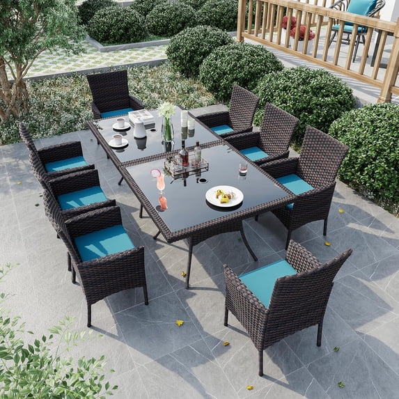 Gotland 10-Piece Indoor/Outdoor Dining Table Set, Garden Patio Rattan Set with w/Tempered Glass Tabletop with Removable Cushions and Umbrella Cutout for Patio, Backyard,8 Chairs - Blue