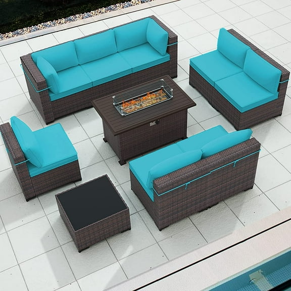 Gotland 10 Pieces Outdoor Patio Furniture with 43" Fire Pit Table, Furniture Patio Sectional Sofa,blue
