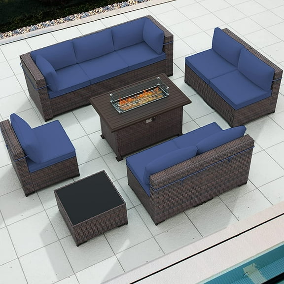 Gotland 10 Pieces Outdoor Patio Furniture with 43" Fire Pit Table, Furniture Patio Sectional Sofa,navy blue Steel