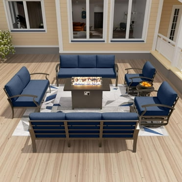 Gotland 10 Seats Outdoor Metal Patio Furniture Set with 2 Swivel Rocking Chairs&55,000 BTU Gas Fire Pit Table w/Glass Wind Guard Patio Conversation Sectional Sofa Sets-Navy
