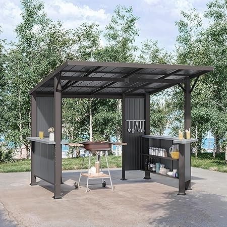 Gotland 10' x 10' Outdoor Hardtop Grill Gazebo, Steel BBQ Gazebo with Multi-Tier Shelves Permanent & Independent Countertop for Patio Backyard Lawn Garden (Dark)