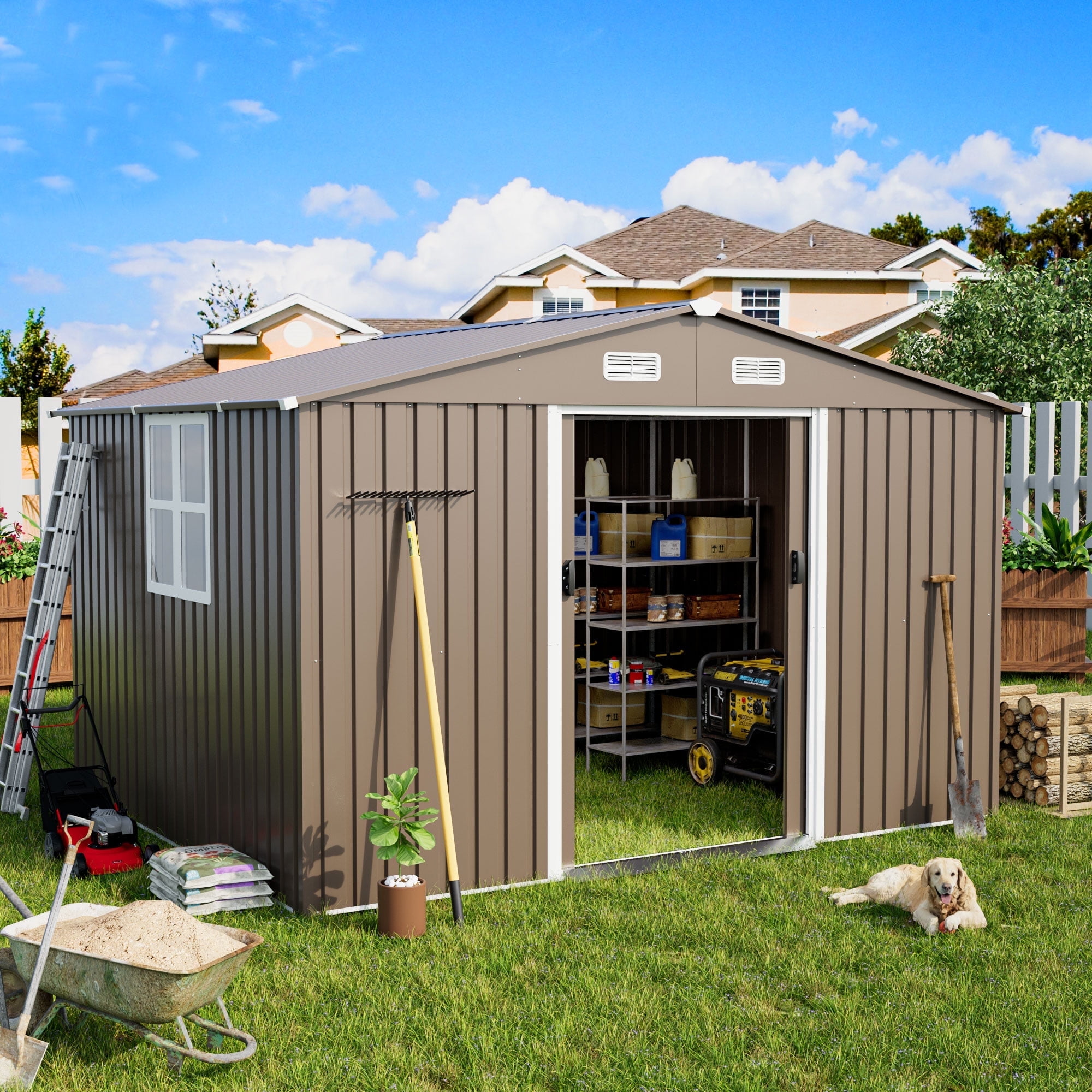 Gotland 10 x 8 FT Metal Tool Storage Shed - Waterproof Outdoor Shed with Lockable Sliding Door & Air Vents for Garden/Backyard
