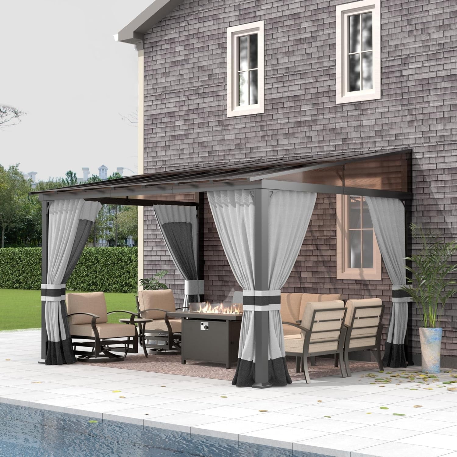 Gotland 10FTx12FT Outdoor Wall-Mounted Hardtop Pergola, Metal Frame Gazebo with Sloping Sun Panel Roof and Double Curtains for Patio, Garden, Lawn, Grey