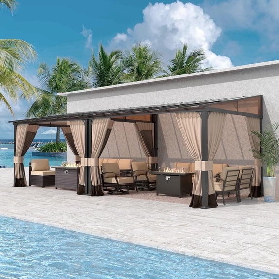 Gotland 10FTx24FT Outdoor Wall-Mounted Hardtop Pergola, Metal Frame Gazebo with Sloping Sun Panel Roof and Double Curtains for Patio, Garden, Lawn, Khaki