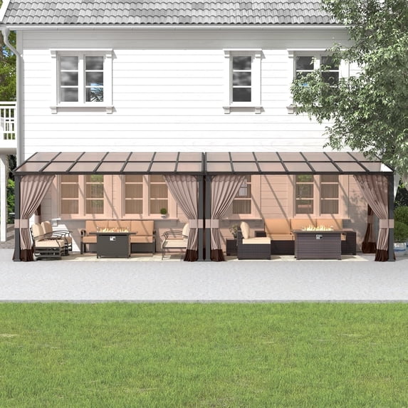 Gotland 10FTx28FT Outdoor Wall-Mounted Hardtop Pergola, Metal Frame Gazebo with Sloping Sun Panel Roof and Double Curtains for Patio, Garden, Lawn, Khaki