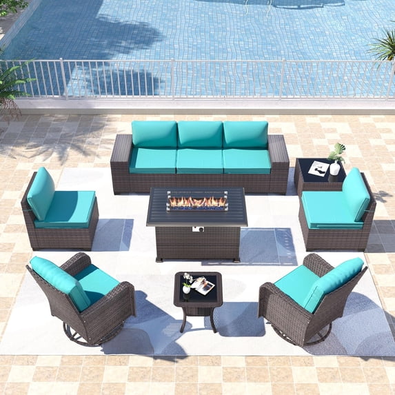 Gotland 10PCS Outdoor PE Rattan Wicker Patio Furniture Set with 43" Fire Pit Table & Swivel Rocking Chairs Set,Blue