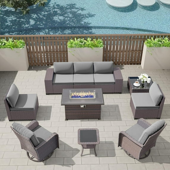Gotland 10PCS Outdoor PE Rattan Wicker Patio Furniture Set with 43" Fire Pit Table & Swivel Rocking Chairs Set,Gray