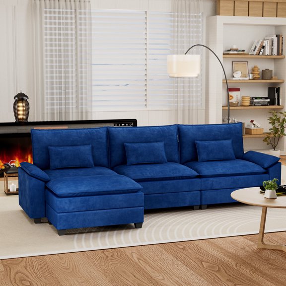 Gotland 116" Modular L-Shaped Sectional Sofa with Movable Ottomans, Soft Plush Microfiber Cloud Couch for Living Room, Cozy and Relaxing Deep Seat, Tranquil Blue