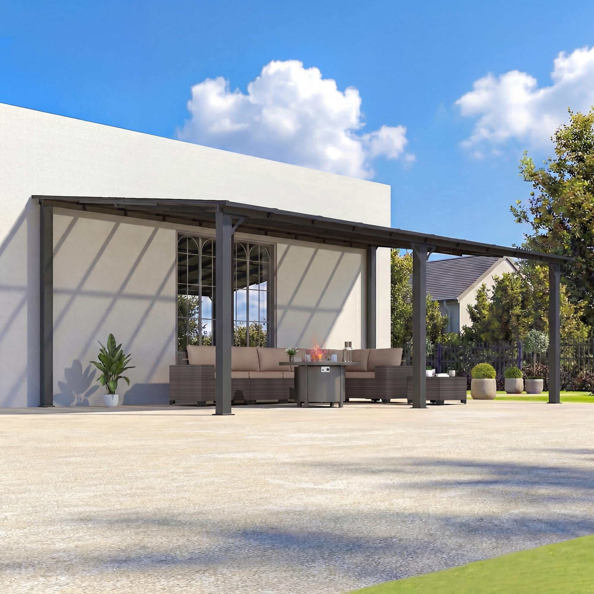 Gotland 12 FT x 20 FT Pergola, Lean to Gazebo with Ground Anchor Sturdy Structure, Outdoor Gazebo with Sloped Roof, Galvanized Steel Metal Pergola, Wall Mounted Gazebo for Backyard Deck Black