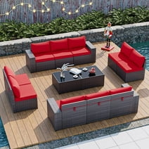 Gotland 12 Pieces Outdoor Patio Furniture Set PE Rattan Wicker Conversation Set w/10 Seat and 2 Coffee Tables
