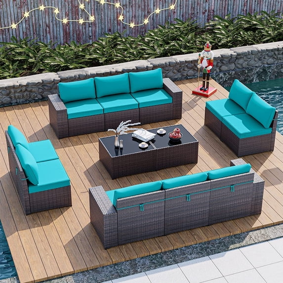 Gotland 12 Pieces Outdoor Patio Furniture Set PE Rattan Wicker Conversation Set w/10 Seats and 2 Coffee Tables