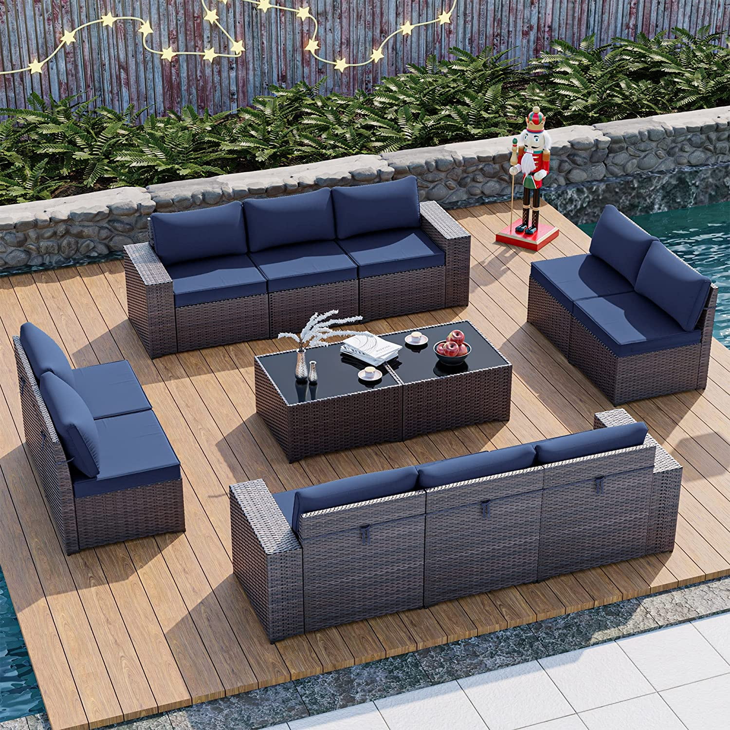 Gotland 12 Pieces Outdoor Patio Furniture Set PE Rattan Wicker Conversation Set w/10 Seats and 2 Coffee Tables