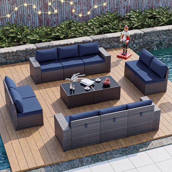 Gotland 12 Pieces Outdoor Patio Furniture Set PE Rattan Wicker Conversation Set w/10 Seats and 2 Coffee Tables