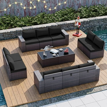 Gotland 12 Pieces Outdoor Patio Furniture Set PE Rattan Wicker Conversation Set w/10 black Seat