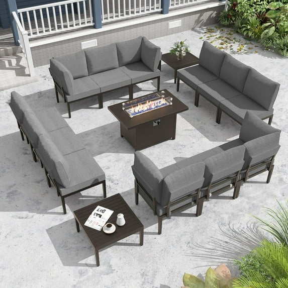 Gotland 12-Seater Patio Furniture Set with 43in Gas Fire Pit Table - Modern Outdoor Metal Sectional Sofa with 55,000 BTU Propane Fire Pit, Grey Cushions