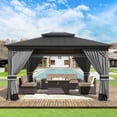 thumbnail image 1 of Gotland 12' x 14' Hardtop Gazebo, Outdoor Galvanized Steel Double-Roof Gazebo with Curtains and Netting for Patios, Gardens, and Lawns, Gray, 1 of 8