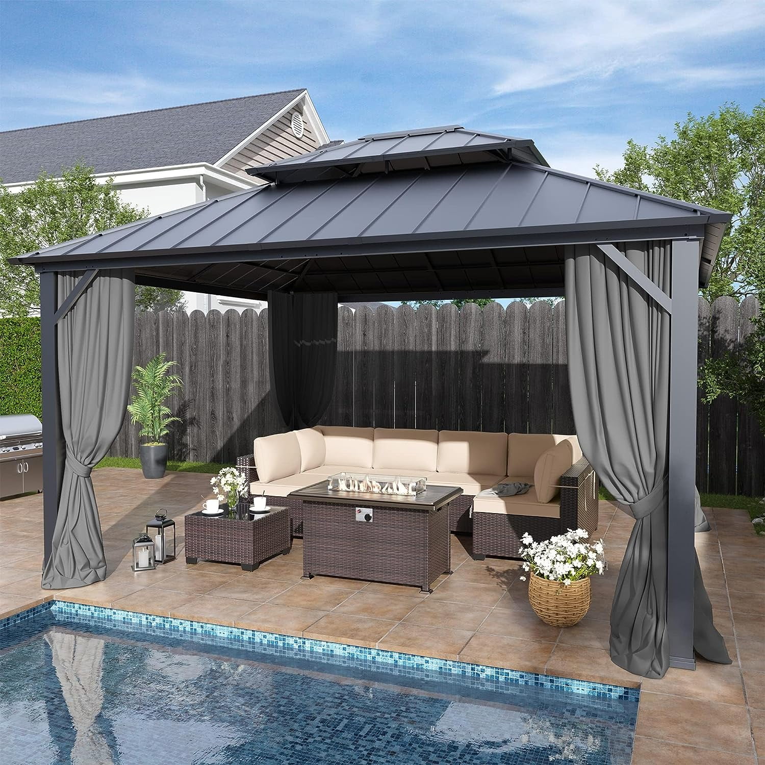 Gray 12' x 14' Hardtop Gazebo with Curtains and Netting