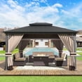 thumbnail image 1 of Gotland 12' x 14' Khaki Hardtop Gazebo with Curtains and Netting, Double Roof Iron Metal Pergola for Patio, Garden, Lawn, 1 of 7