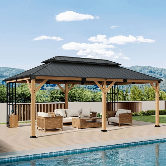 Gotland 12' x 20' Outdoor Hardtop Pergola,Wall Mounted Lean to Gazebo with Sloped Sun Panel Roof & Storage Cupboard, Galvanized Metal Frame,Sunshade for Patio, Backyard, Deck and Poolside
