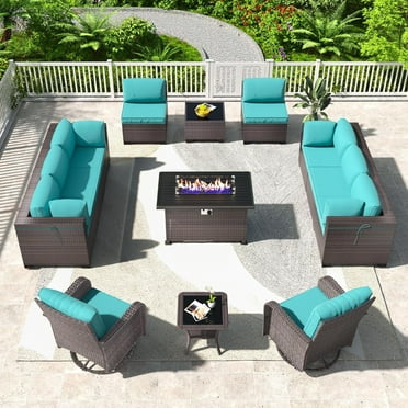Gotland 13 Piece PE Wicker Rattan Outdoor Patio Bar Set with Fire Pit Table, Brown/Blue