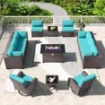 thumbnail image 1 of Gotland 13 Piece PE Wicker Rattan Outdoor Patio Bar Set with Fire Pit Table, Brown/Blue, 1 of 5