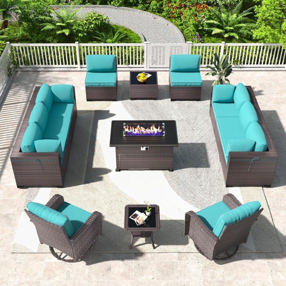 Gotland 13 Piece PE Wicker Rattan Outdoor Patio Bar Set with Fire Pit Table, Brown/Blue