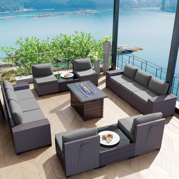 Gotland 13 Pieces Outdoor PE Rattan Wicker Patio Furniture Set with 43" Fire Pit Table Outdoor Steel