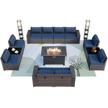 Gotland 13 Pieces Outdoor Patio Furniture Set with Propane 43" Fire Pit Table Outdoor Sectional Sofa Sets Patio PE Rattan Patio Conversation Set (Navy blue)
