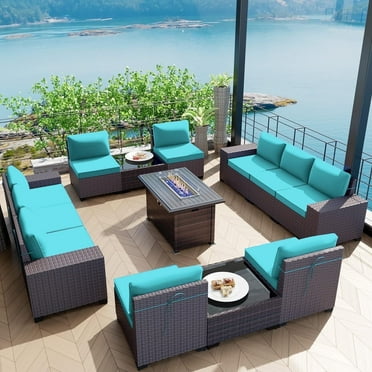 Gotland 13 Pieces Outdoor Patio Furniture Set with 43" Fire Pit Table Sets Outdoor Furniture Patio Conversation Set (Blue)