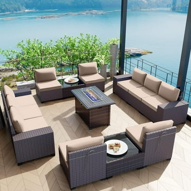 Gotland 13 Pieces Outdoor Patio Furniture Set with 43" Fire Pit Table Sets Outdoor Furniture Patio Conversation Set (Sand)