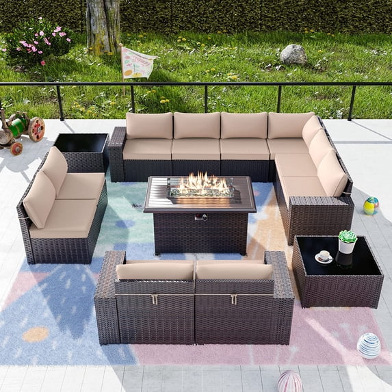 Gotland 13 Pieces Outdoor Patio Furniture with 43" 50000BTU Gas Propane Fire Pit Table PE Wicker Rattan Sectional Sofa Patio Conversation Sets,Sand