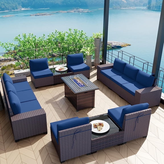 Gotland 13 Pieces Outdoor Patio Rattan Wicker Furniture Set with 43" Fire Pit Table Set Outdoor Steel