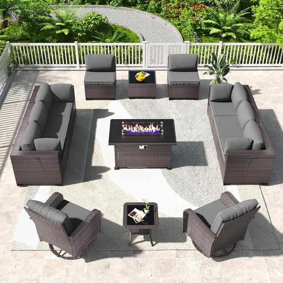 Gotland 13PCS Outdoor PE Rattan Wicker Patio Furniture Set with 43" Fire Pit Table & Swivel Rocking Chairs Set,Gray