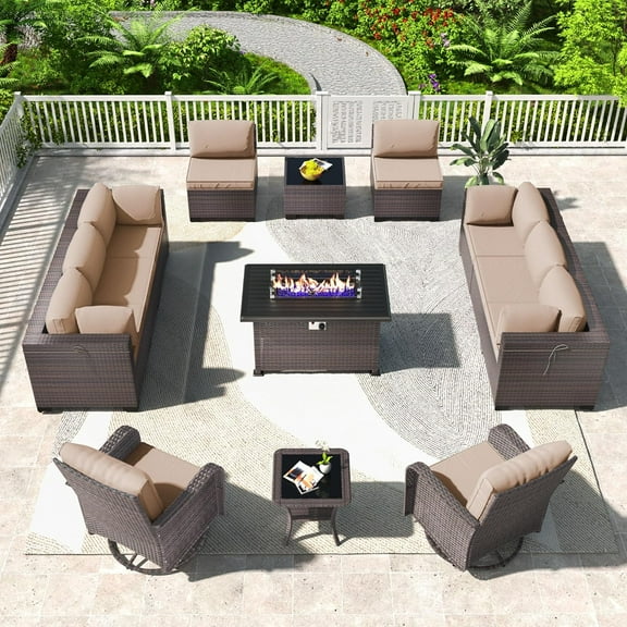 Gotland 13PCS Outdoor PE Rattan Wicker Patio Furniture Set with 43" Fire Pit Table & Swivel Rocking Chairs Set,Sand