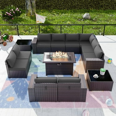 Gotland 13Pcs Outdoor Patio Sectional Conversation Furniture Set 43" Table PE Wicker Rattan Grey