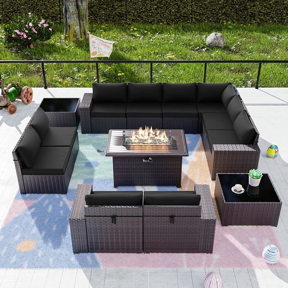 Gotland 13Pcs Outdoor Patio Sectional Furniture 43" Table PE Wicker Rattan Conversation Sets, Black