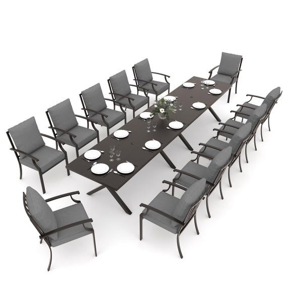 Gotland 14 Piece Outdoor Dining Set, Metal Outdoor Table and Chairs with X-Shaped Legs 1.5" Umbrella Hole, Patio Furniture Set with Waterproof Cushions,for Backyard Deck,Gray