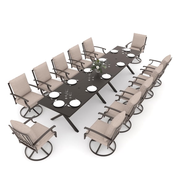 Gotland 14 Piece Outdoor Dining Set, Metal patio tables and 12 patio swivel chairs 1.5" Umbrella Hole, Patio Furniture Set with Waterproof Cushions for Backyard,Sand
