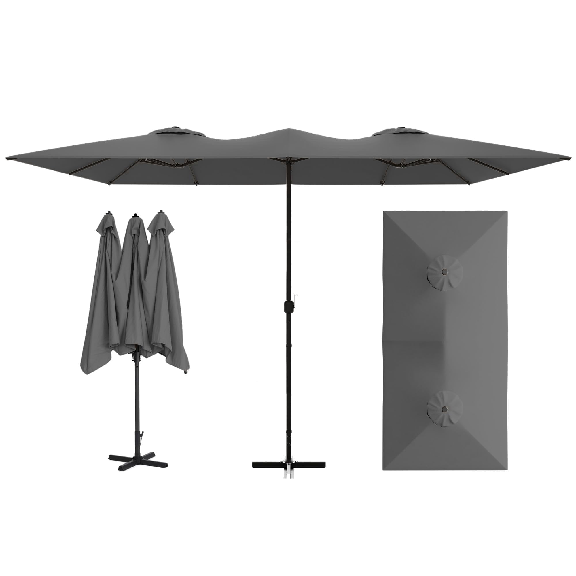 Gotland 14FT Outdoor Patio Umbrella with Base, UV Protection & Waterproof Double-Sided Rectangle Umbrella with Crank Handle & 12 Sturdy Ribs, Table Umbrella for Garden, Deck, Pool - Gray