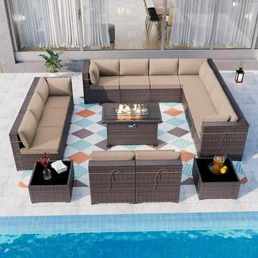 Gotland 15 Pieces Outdoor Patio Furniture Set with Propane Fire Pit Table Outdoor Sectional Sofa