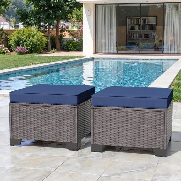 Gotland 2 Pieces All Weather PE Rattan Outdoor Ottoman Foot Stool with Thick Removable Navy Cushion for Backyard, Deck, Porch & Poolside，Navy Blue
