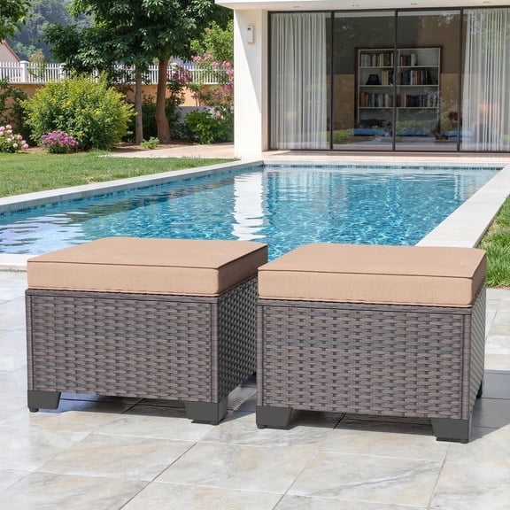 Gotland 2 Pieces All Weather PE Rattan Outdoor Ottoman Foot Stool with Thick Removable Navy Cushion for Backyard, Deck, Porch & Poolside，Sand