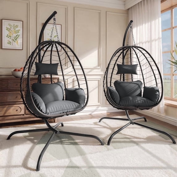 Gotland 2 Pieces Outdoor Hanging Egg Chair with Stand,Patio Wicker Swing Egg Chair Hammock Chair with UV Resistant Cushion,All-Weather 485lbs Capacity for Bedroom,Balcony,Garden,Gray