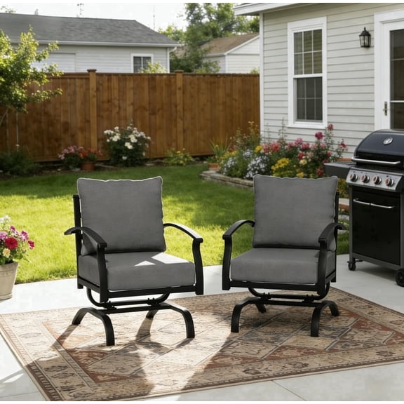 Gotland 2 Pieces Patio Furniture Set, Outdoor Metal Rocking Chair, Patio Bistro Set Rocker with Thickened Cushions for Porch Garden Deck, Grey
