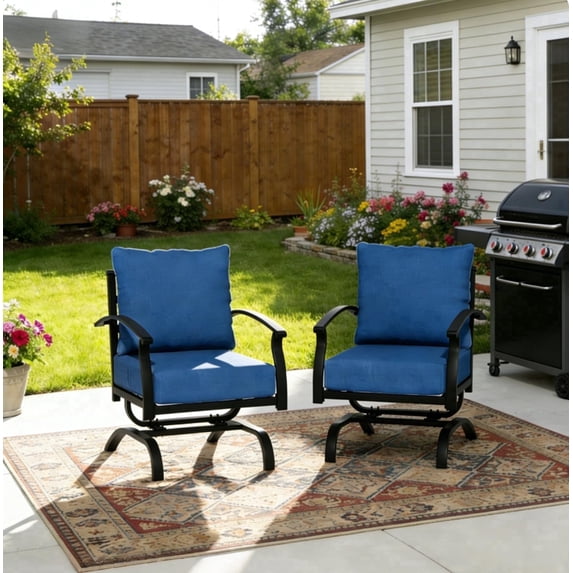 Gotland 2 Pieces Patio Furniture Set, Outdoor Metal Rocking Chair, Patio Bistro Set Rocker with Thickened Cushions for Porch Garden Deck, Navy Blue
