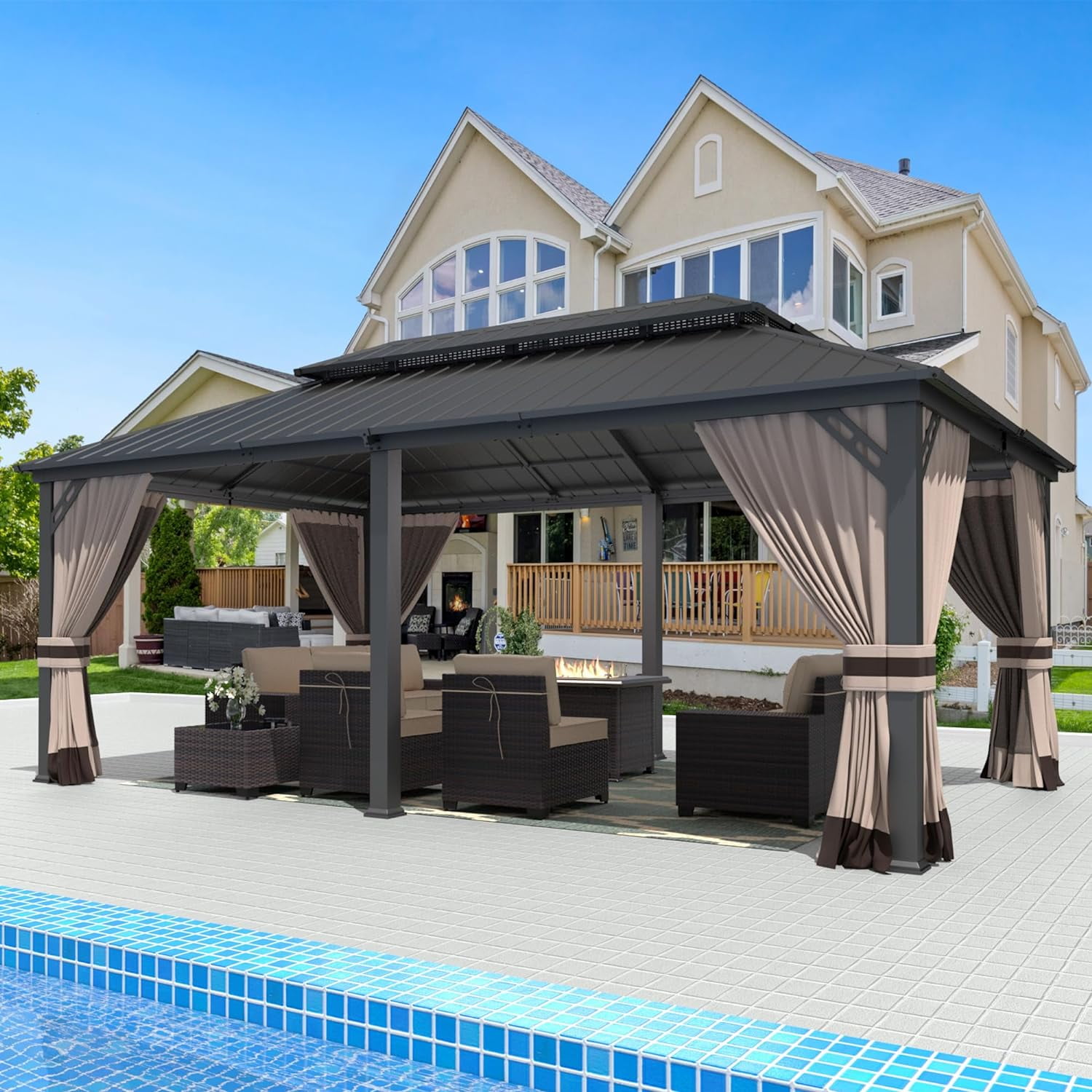 Khaki 12' x 20' Iron Metal Hardtop Gazebo with Curtains and Netting